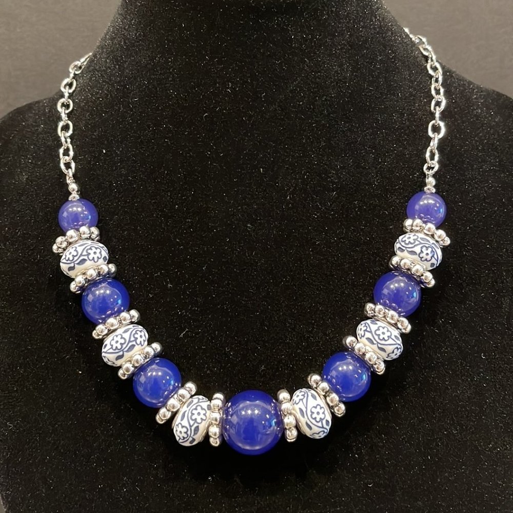 Blue & Silver Beaded Necklace w/ Blue & White Accent Beads Necklace
